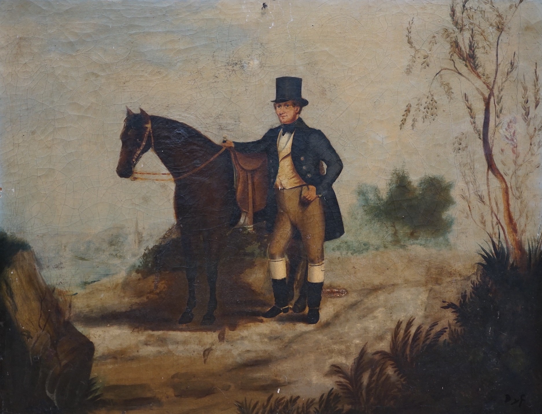 Mid 19th century English School, oil on canvas laid on board, Portrait of a gentleman standing beside a pony, later signed Dyf, 54 x 70cm, unframed